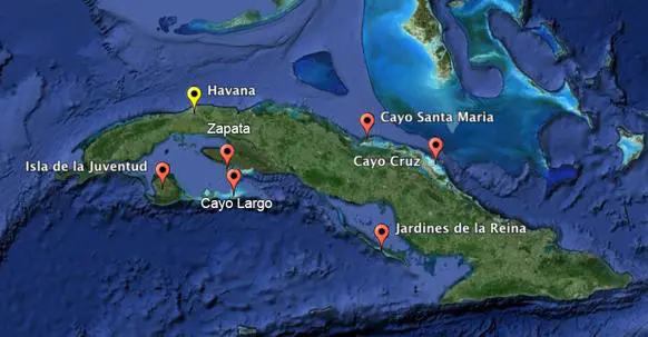 3bee573de35b1947e3a1553701bb65ae Map of Cuba showing key locations: Havana, Isla de la Juventud, Zapata, Cayo Largo, Cayo Santa Maria, Cayo Cruz, Jardines de la Reina. Markers indicate each site.